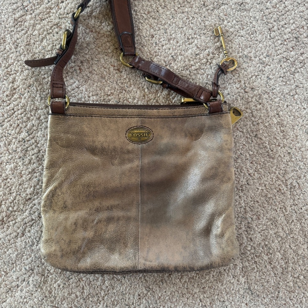 Fossil Crossbody Bag Brown Distressed Leather Metallic Faded Vintage Style Bag‎